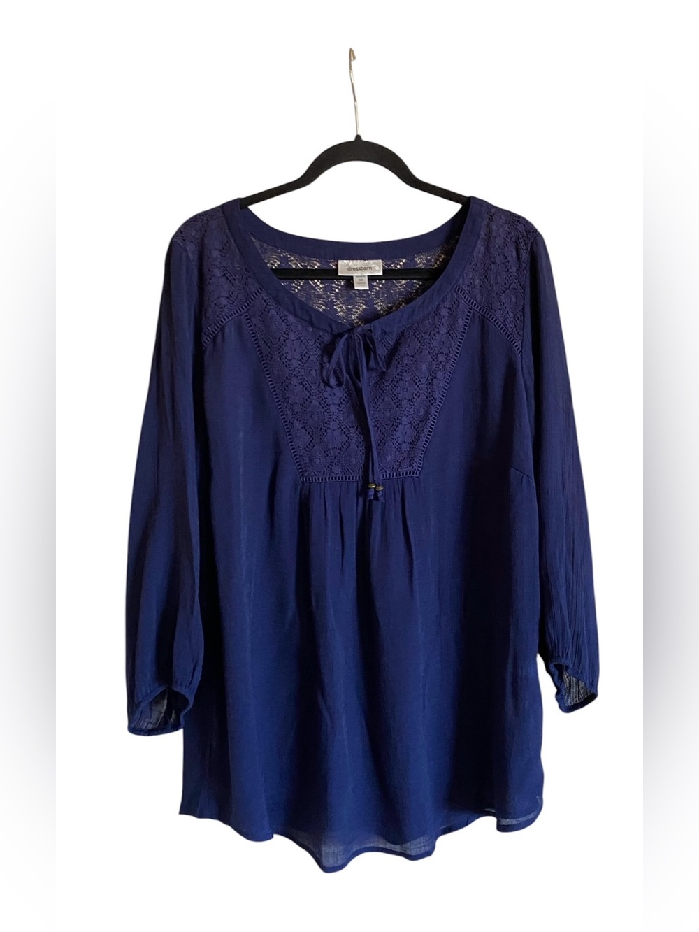 Women’s DRESS BARN Navy Blue Boho Tassel Lace Inset Blouse Top Size 1X